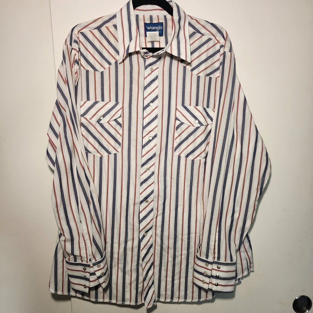 Wrangler Western Shirt Men XL White RedBlue Excellent Pearl Snap Striped 75201VA